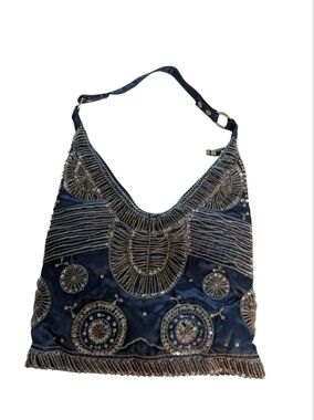 ALDO Blue Beaded Embroidered Satin Hobo Bag Purse Silver Sequins Fringe